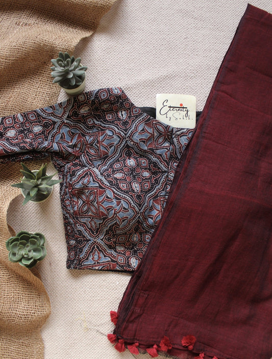 Maroon Breezy Saree + Black Bird Ajrakh Stretchable Blouse Combo - Eternity by Sakshi
