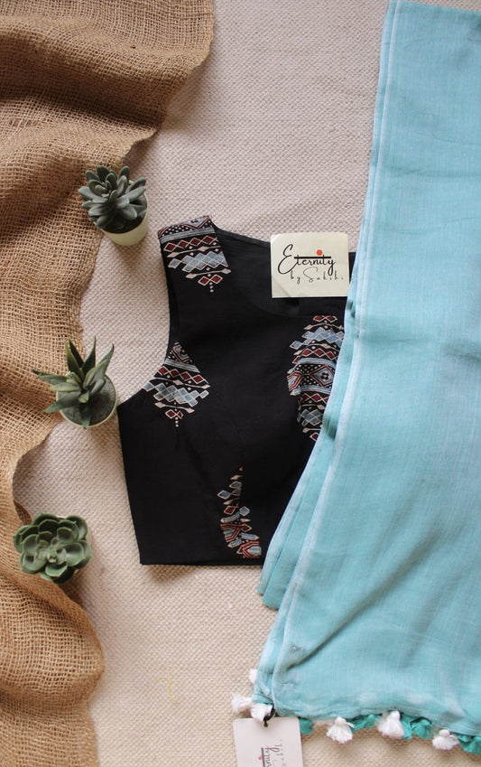 Saundarya Breezy Saree + Black Ajrakh Boatneck Blouse Combo - Eternity by Sakshi