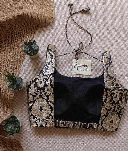 Black Brocade Elastic Noorie Blouse - Eternity by Sakshi