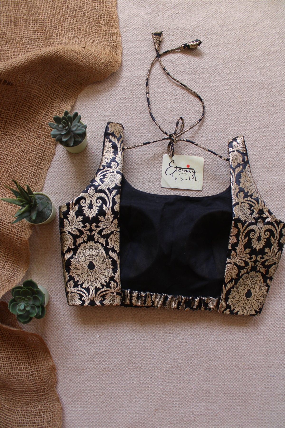 Black Brocade Elastic Noorie Blouse - Eternity by Sakshi