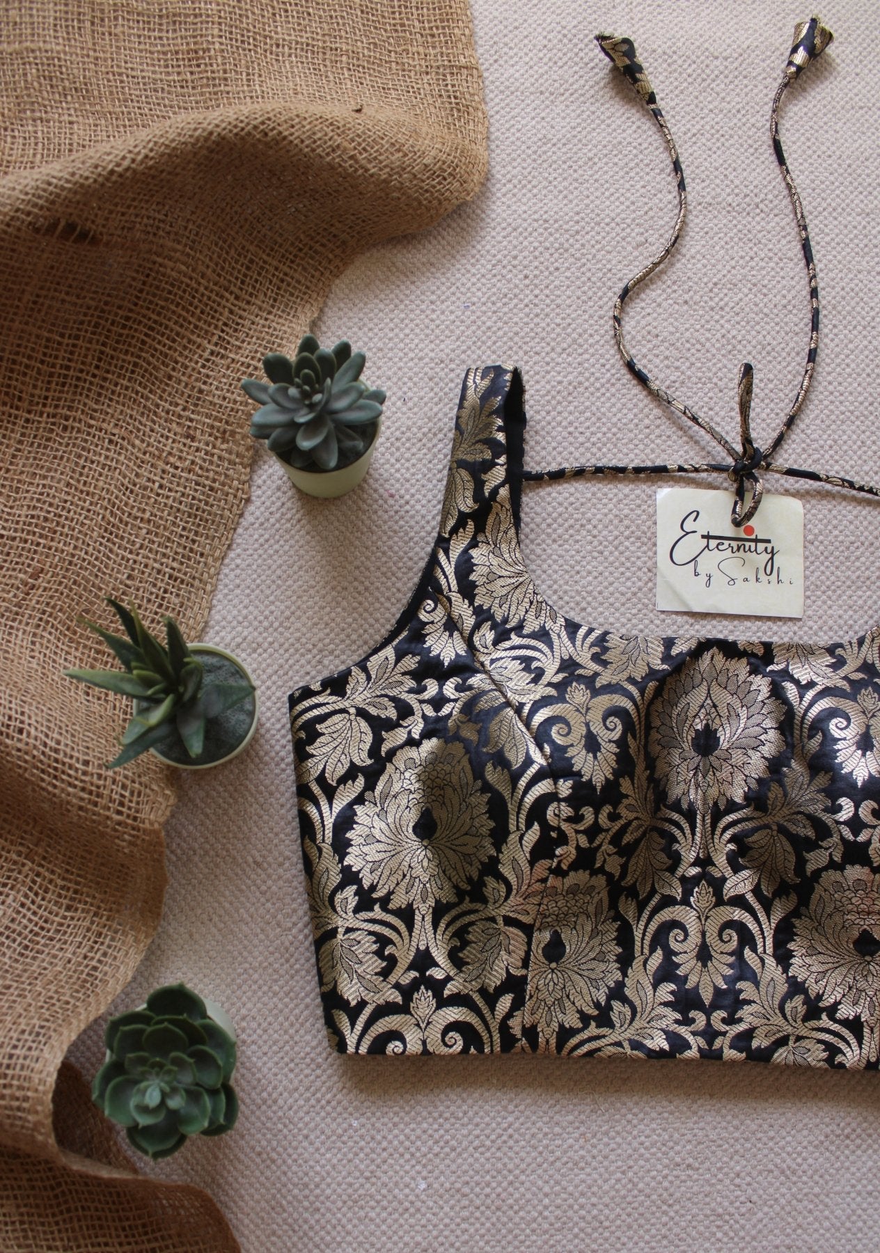 Black Brocade Elastic Noorie Blouse - Eternity by Sakshi