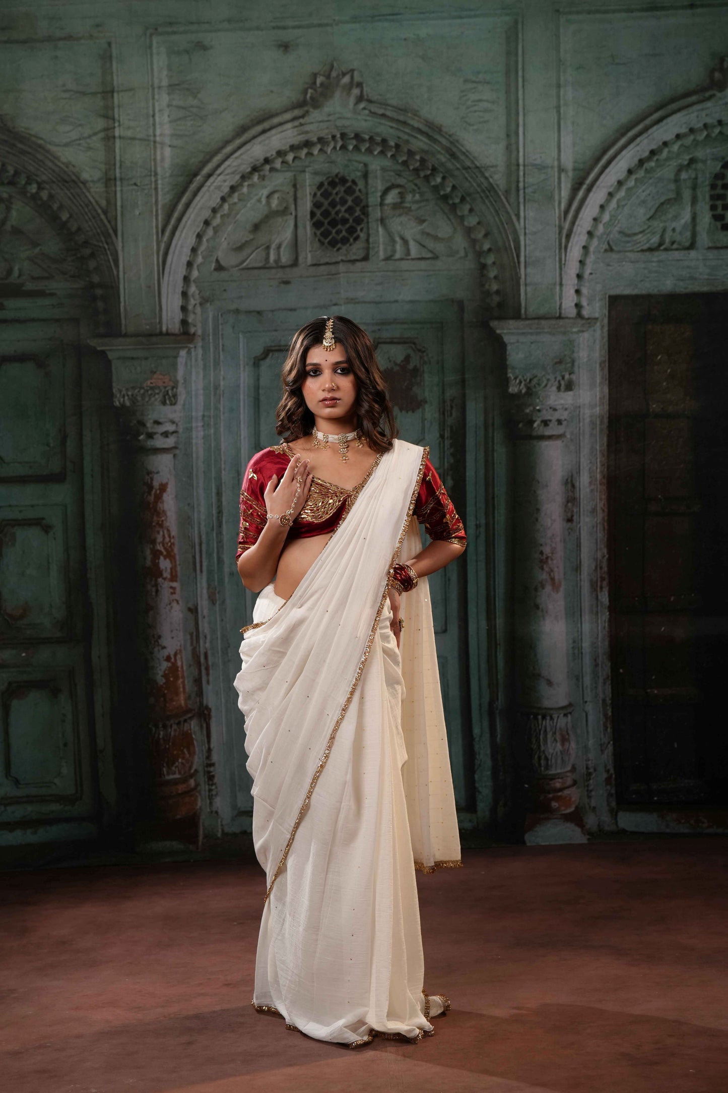White Gulbahar Saree + Surkhi Patch Aangi Blouse Combo