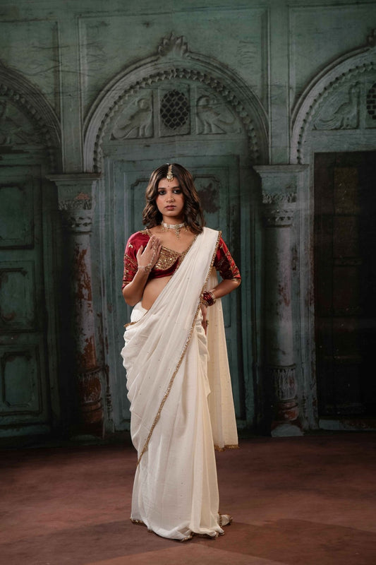 White Gulbahar Saree + Surkhi Patch Aangi Blouse Combo - Eternity by Sakshi