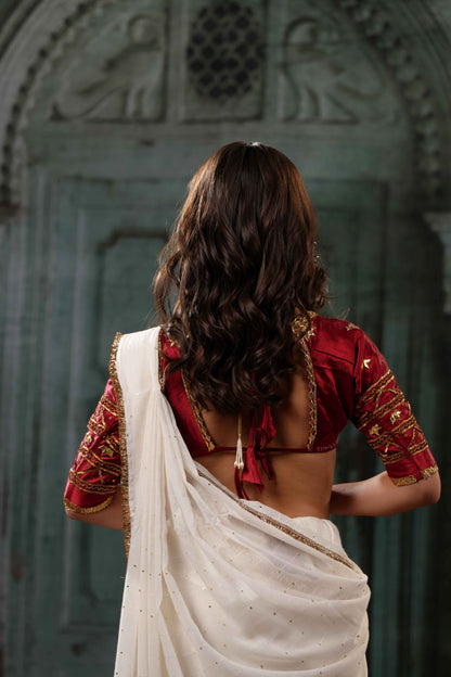White Gulbahar Saree + Surkhi Patch Aangi Blouse Combo