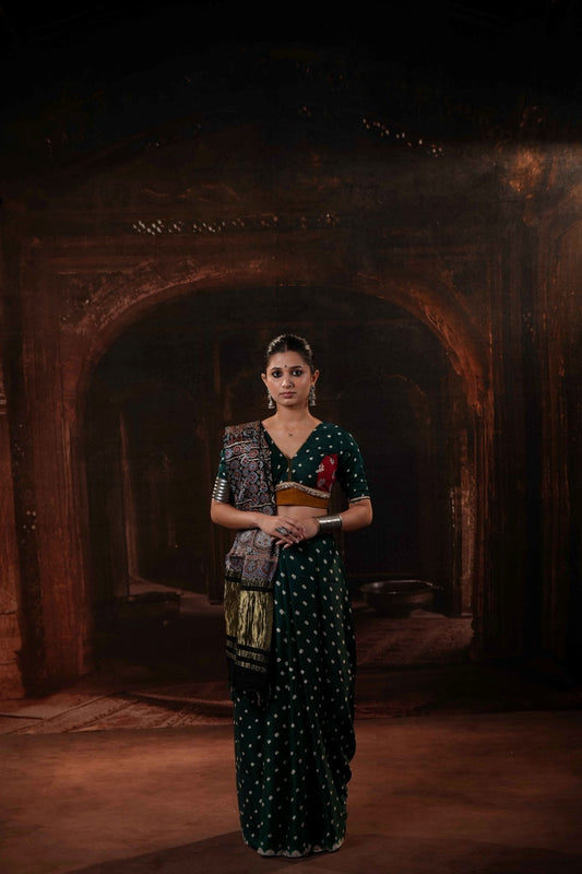 Green with Red Modal Bandhani Saree - Eternity by Sakshi