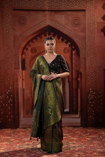 Morpankh Ajrakh Dola Silk Saree - Eternity by Sakshi