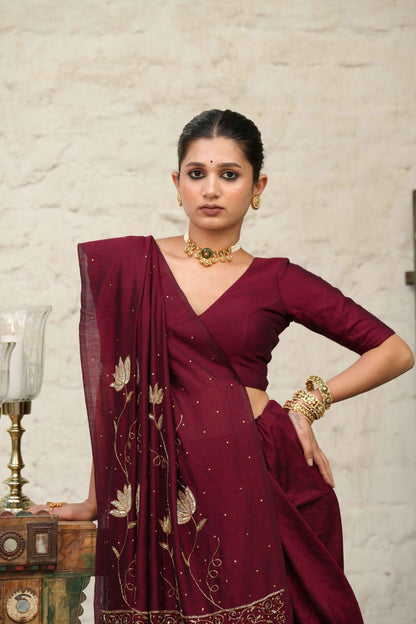 Maroon Ratrani Handwork Saree + Maroon Shadow Blouse Combo - Eternity by Sakshi