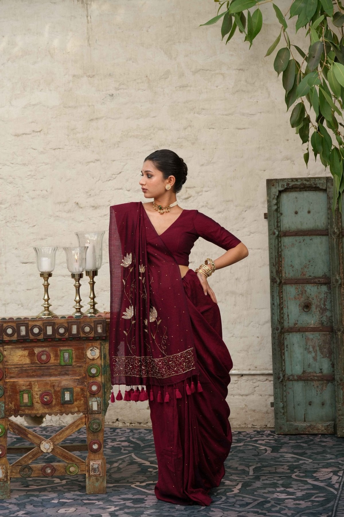 Maroon Ratrani Handwork Saree + Maroon Shadow Blouse Combo - Eternity by Sakshi