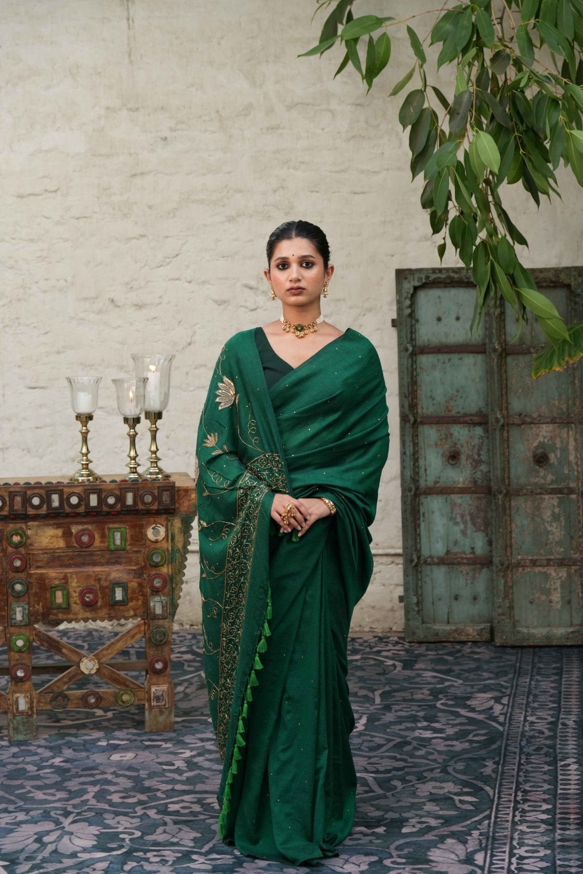 Green Ratrani Handwork Saree + Green Shadow Blouse Combo - Eternity by Sakshi