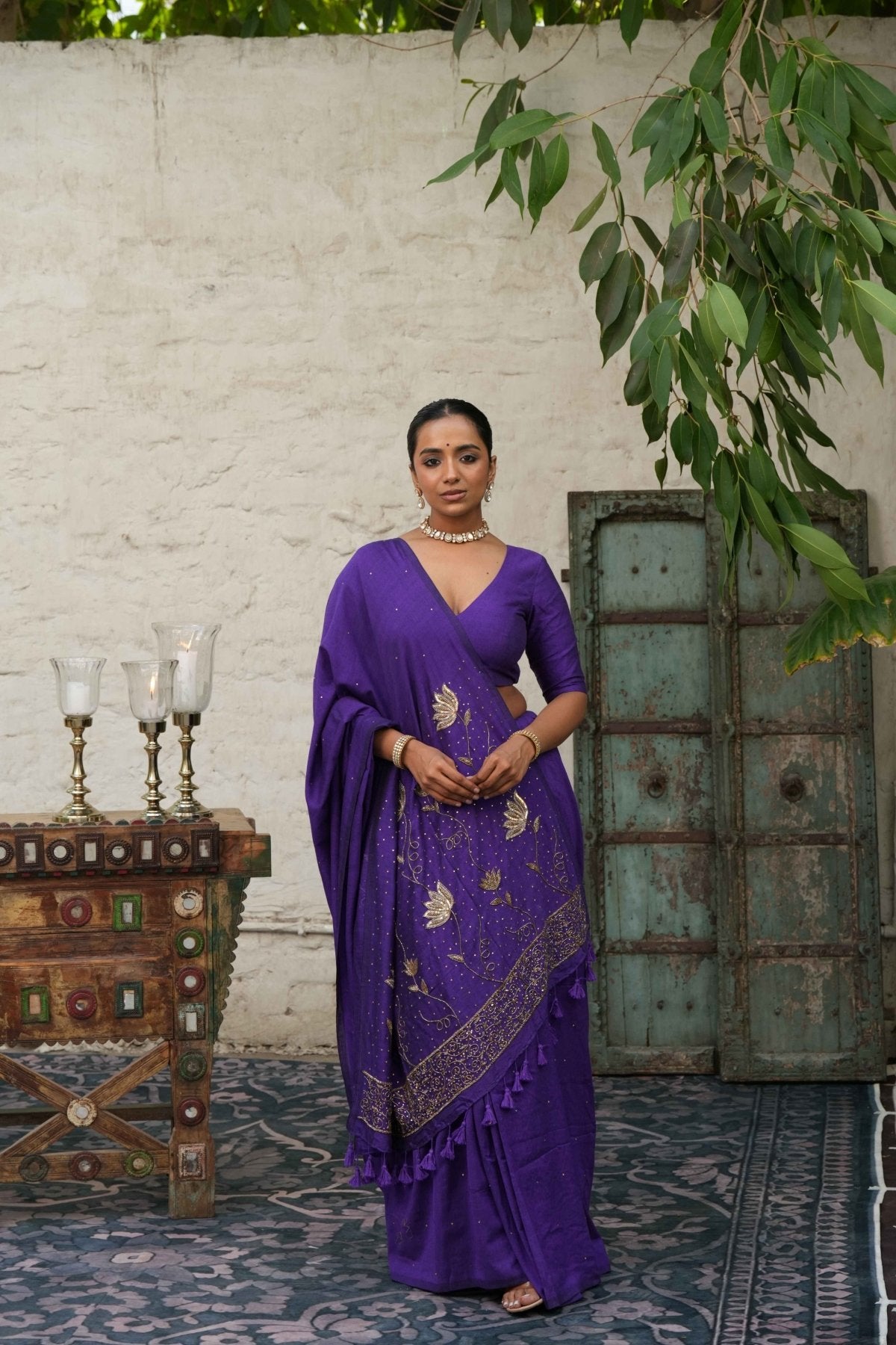 Purple Ratrani Handwork Saree + Purple Shadow Blouse Combo - Eternity by Sakshi