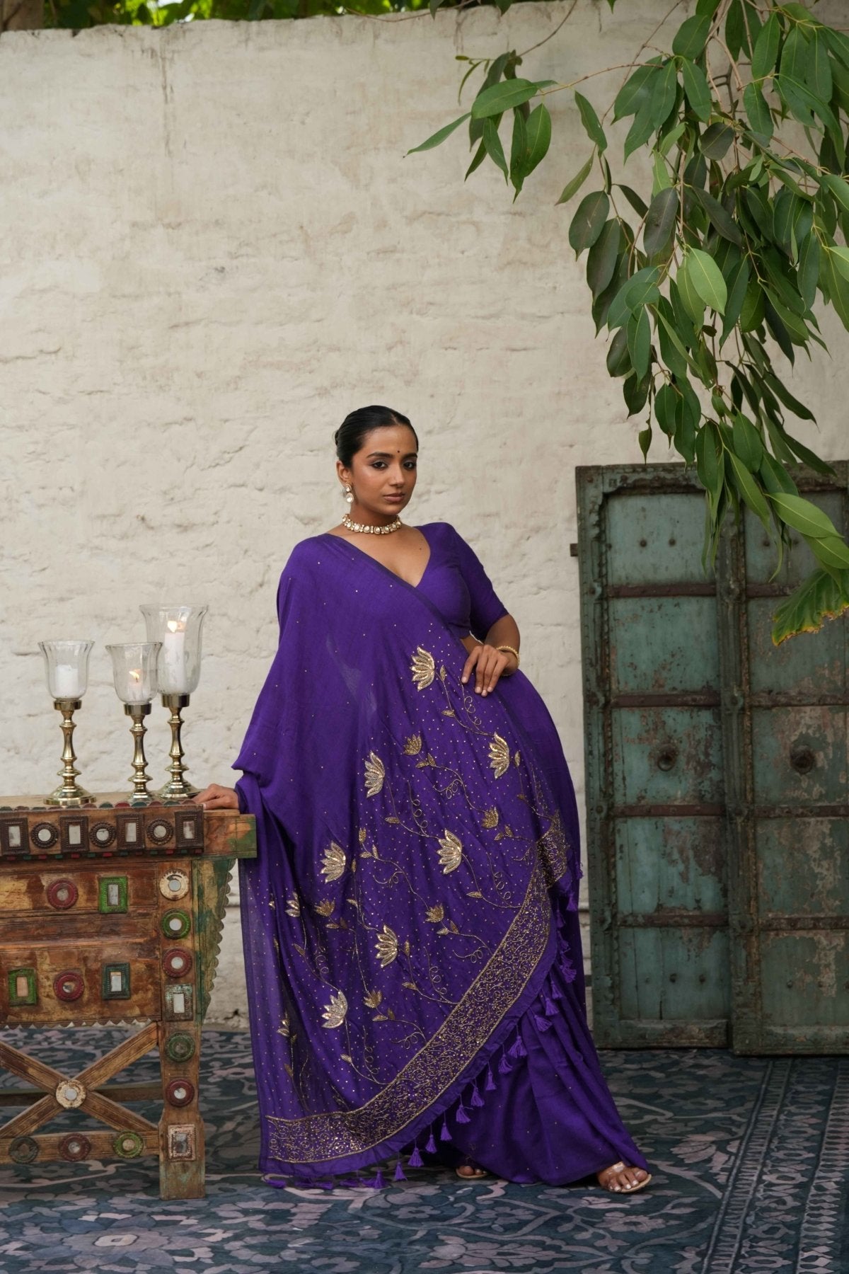 Purple Ratrani Handwork Saree + Purple Shadow Blouse Combo - Eternity by Sakshi