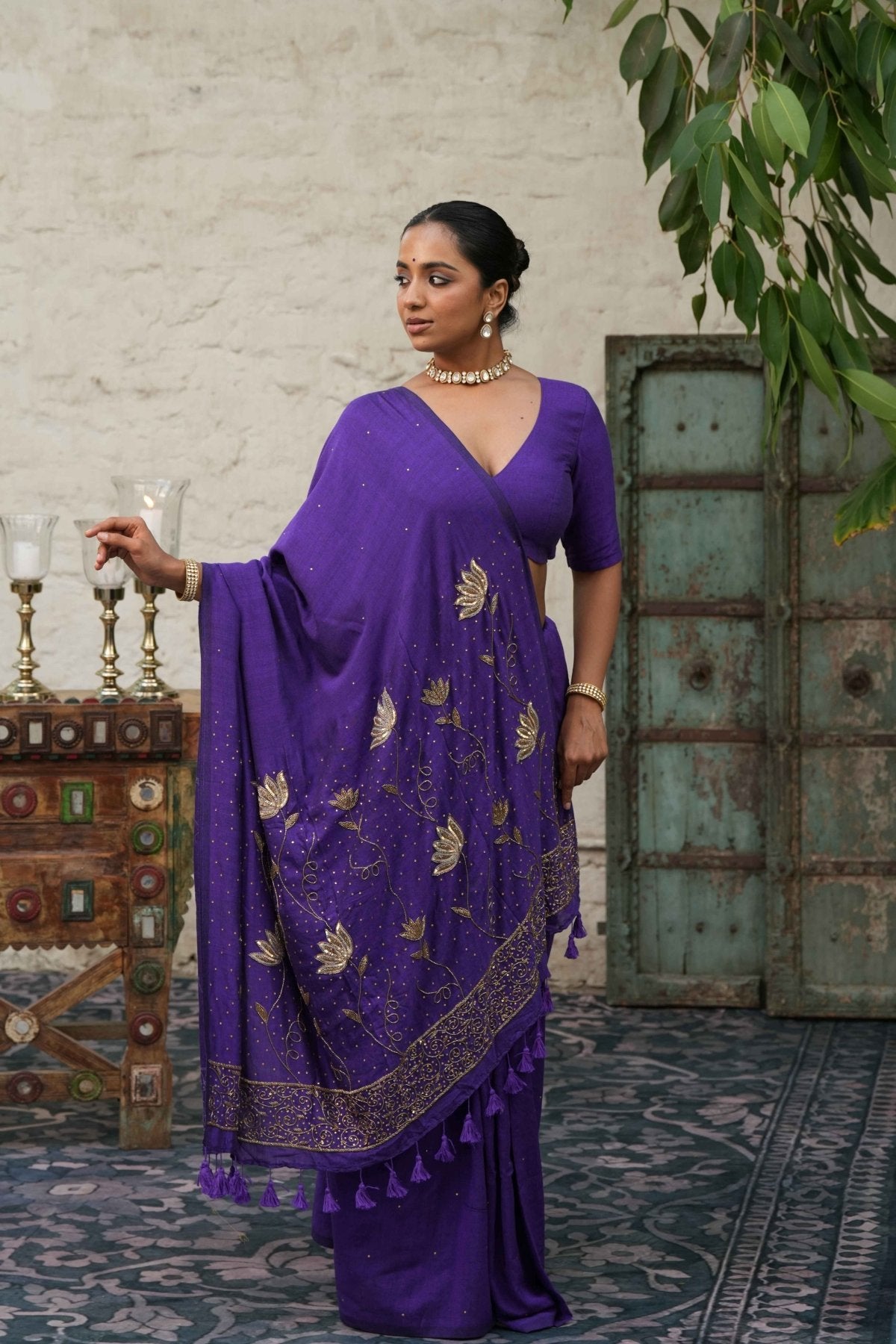 Purple Ratrani Handwork Saree + Purple Shadow Blouse Combo - Eternity by Sakshi