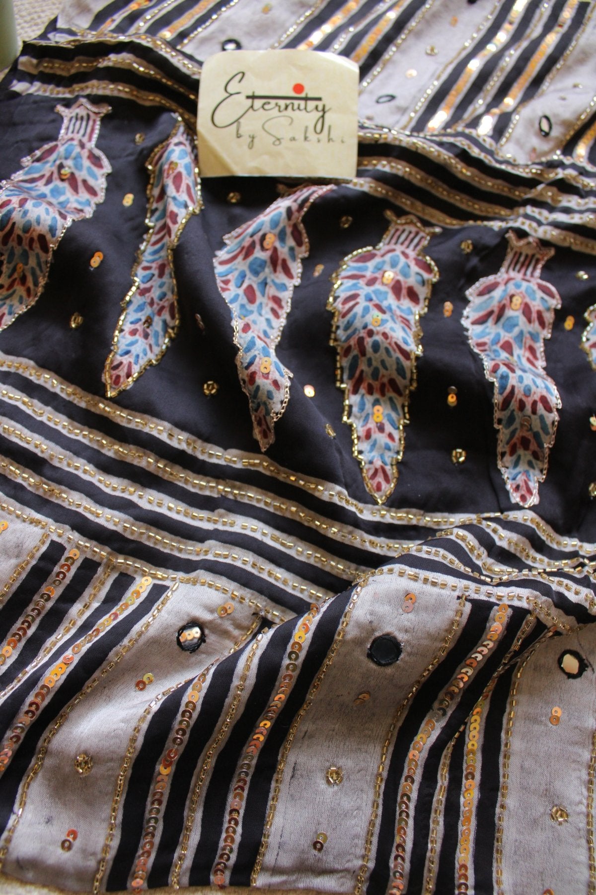 Smoky Ajrakh Modal Silk Saree with Artisan Handwork - Eternity by Sakshi