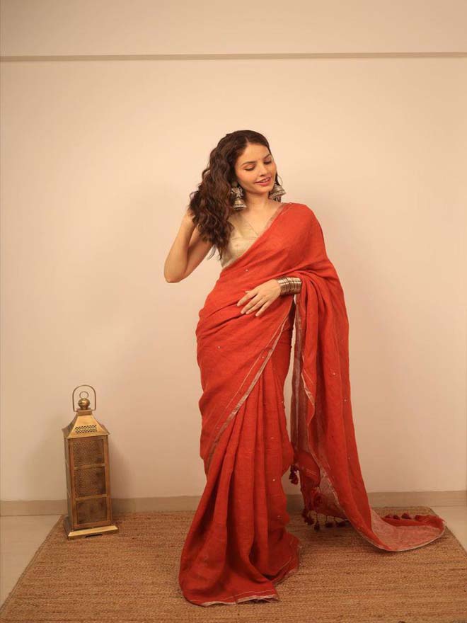 Rust Orange Raina Linen Saree