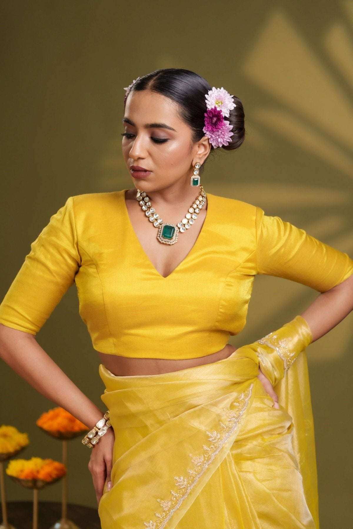 Yellow Tissue Elastic Blouse - Eternity by Sakshi