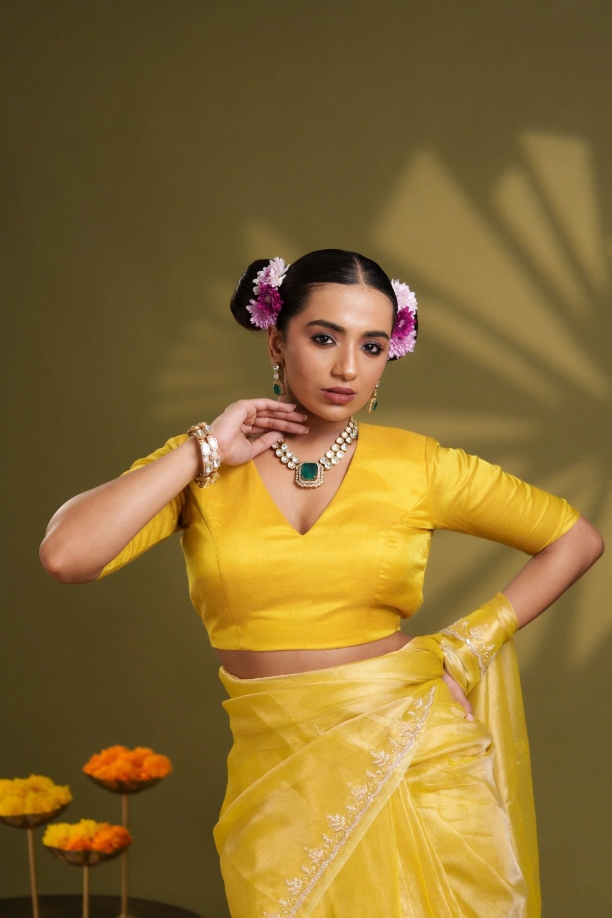 Yellow Tissue Elastic Blouse - Eternity by Sakshi