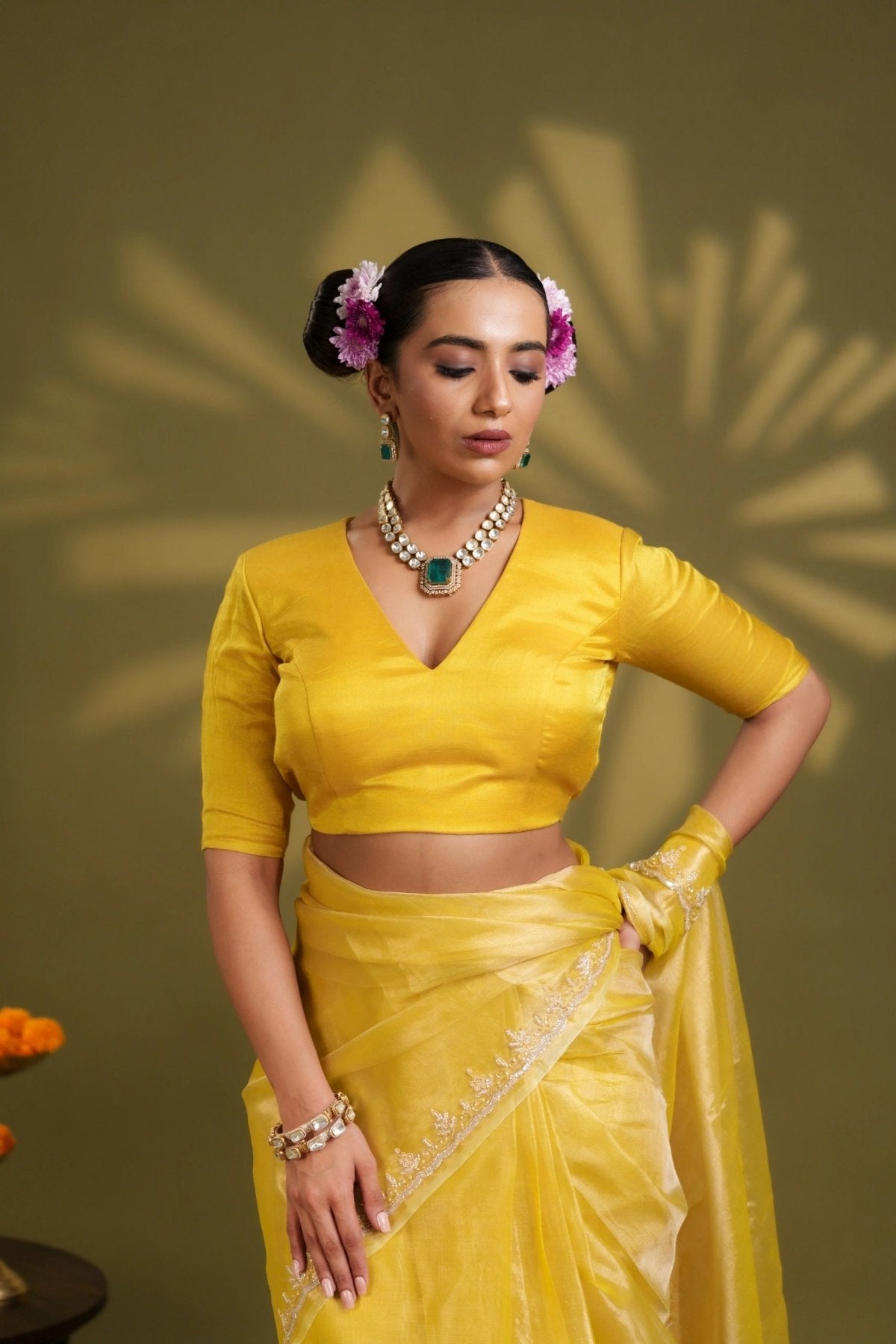 Yellow Tissue Elastic Blouse - Eternity by Sakshi
