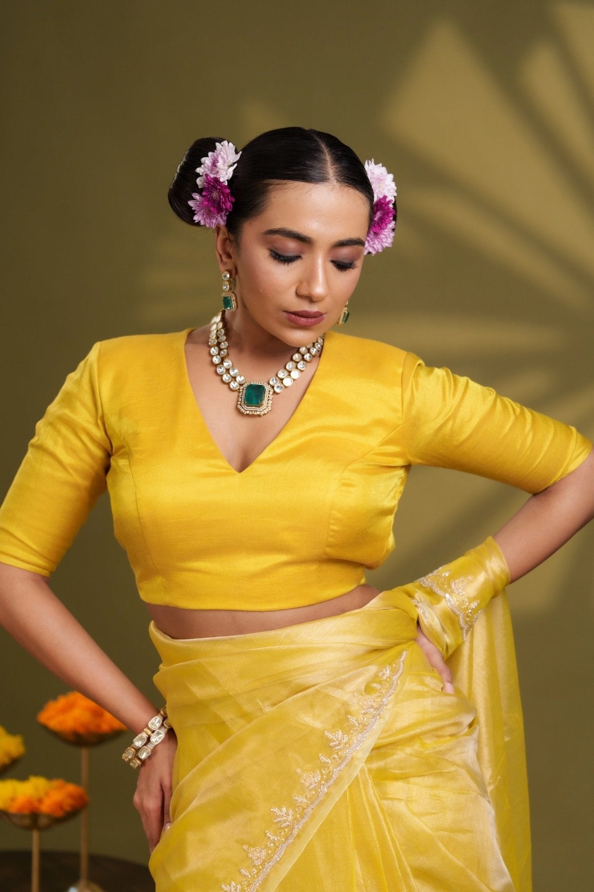 Yellow Tissue Elastic Blouse - Eternity by Sakshi