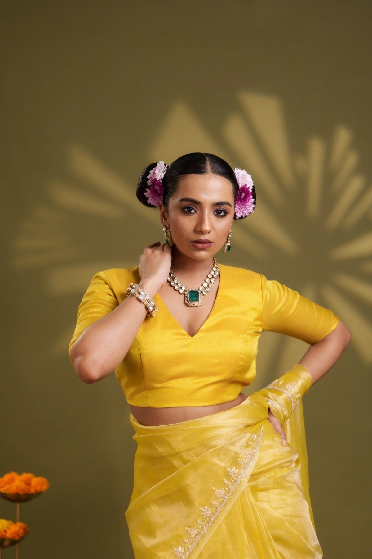 Yellow Tissue Elastic Blouse - Eternity by Sakshi