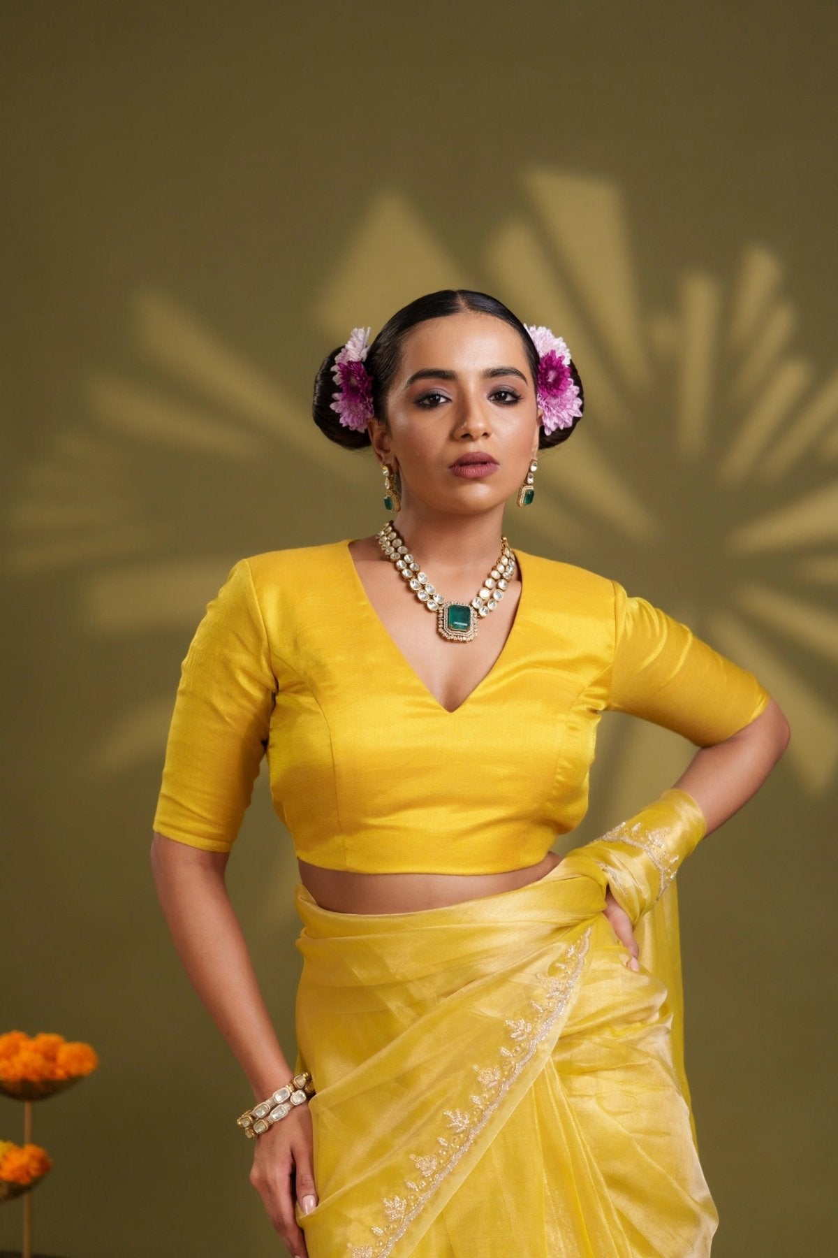 Yellow Tissue Elastic Blouse - Eternity by Sakshi