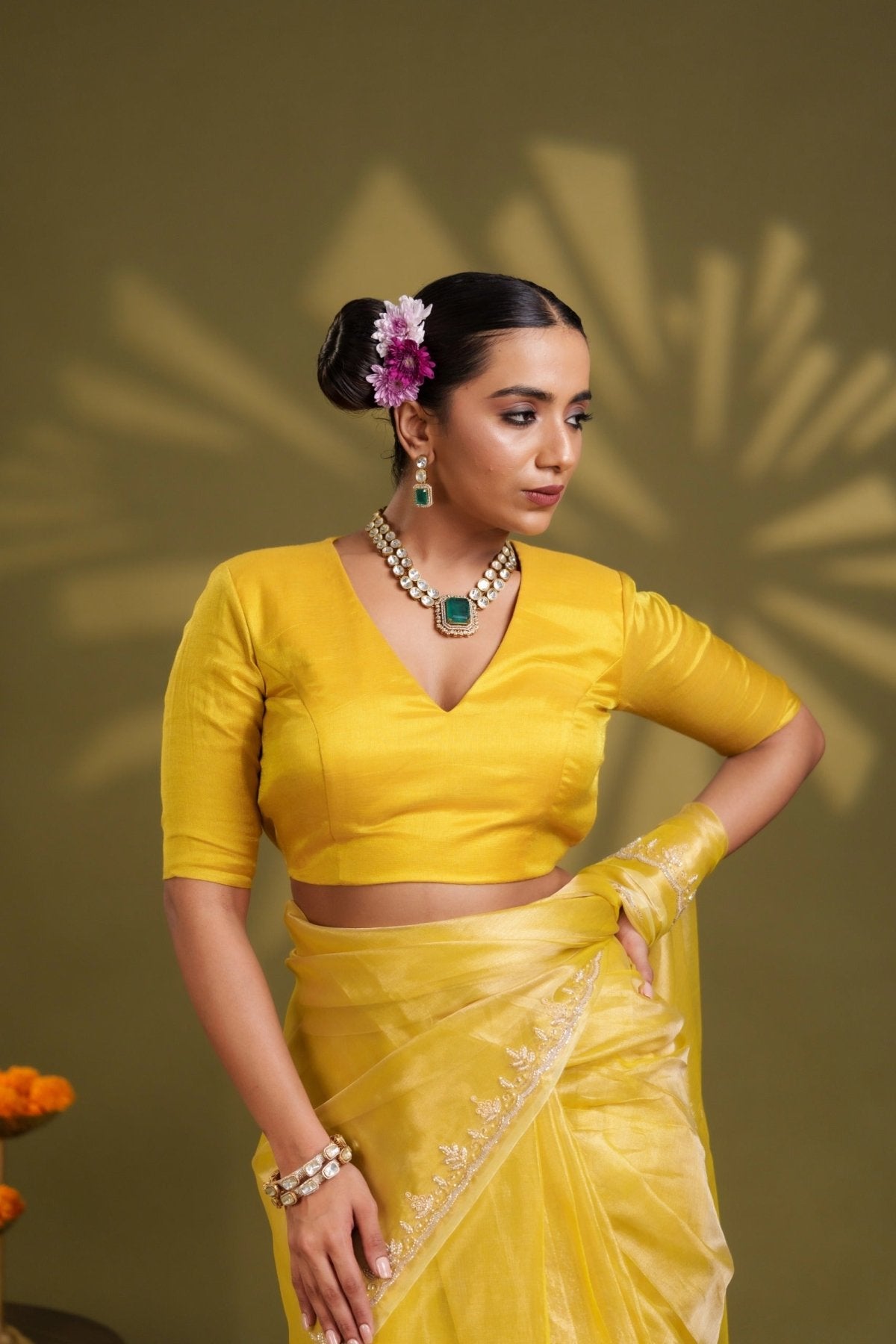 Yellow Tissue Elastic Blouse - Eternity by Sakshi
