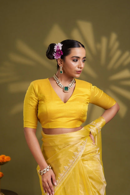 Yellow Tissue Elastic Blouse - Eternity by Sakshi