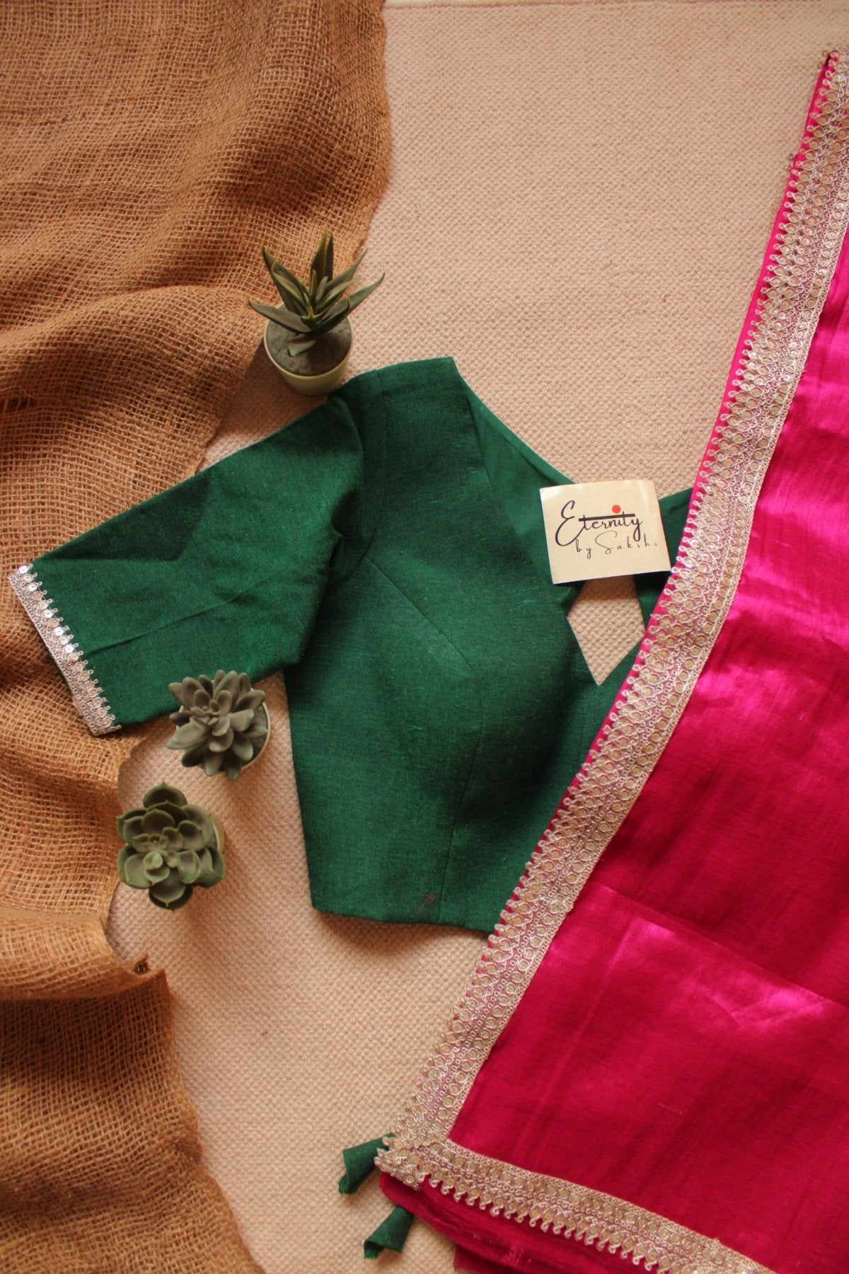 Blushed Saree + Green Leafy Blouse Combo - Eternity by Sakshi