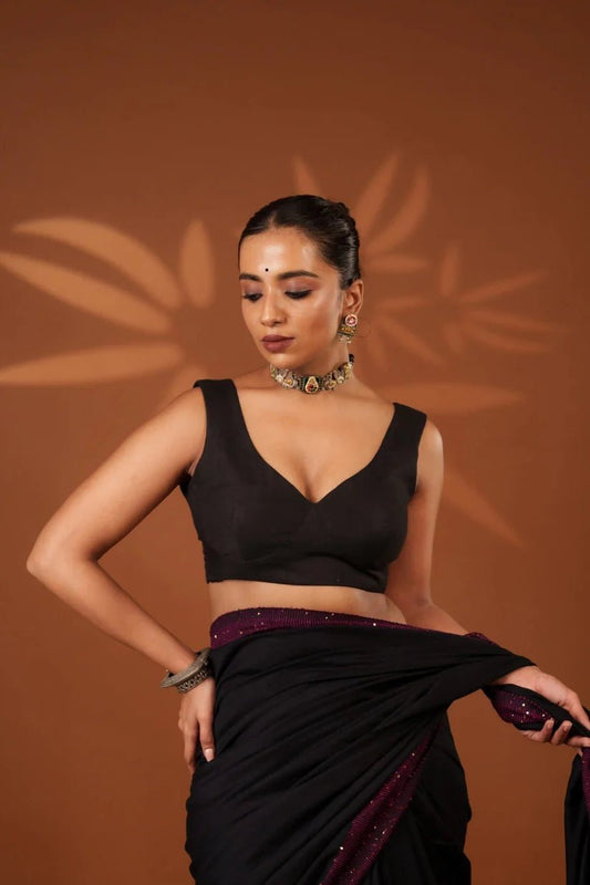 Metallic Yellow Shakti Saree + Black Madhubala Blouse Combo - Eternity by Sakshi