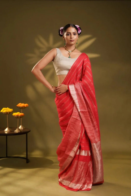 Red stripes Linen Saree + Silver Zari Blouse Combo - Eternity by Sakshi