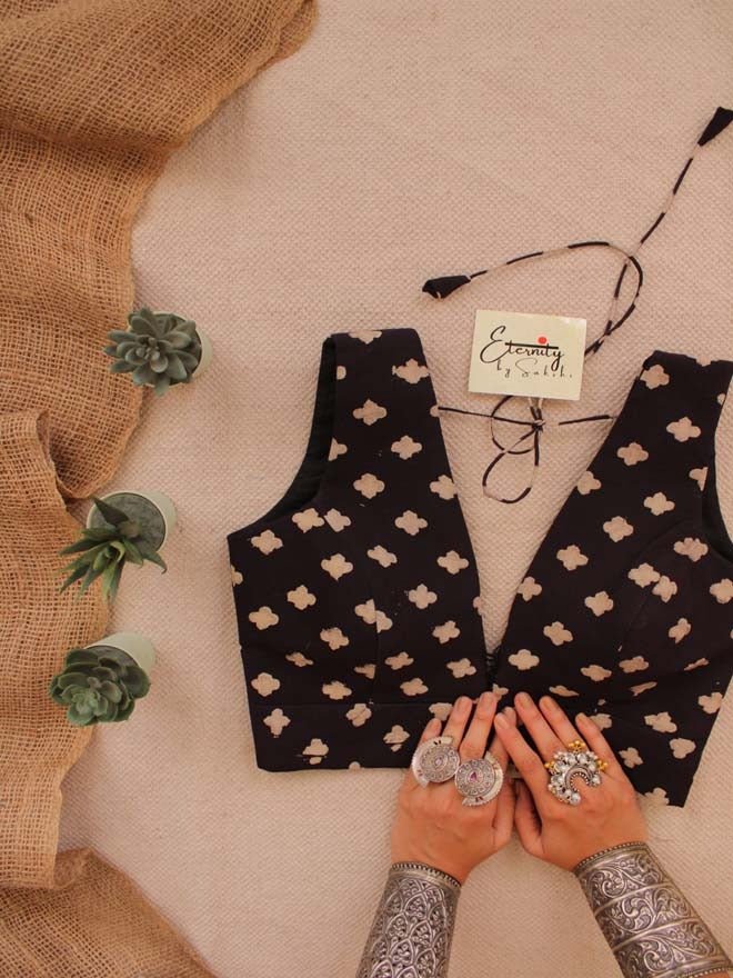 Black Ajrakh Mughal Blouse - Eternity by Sakshi