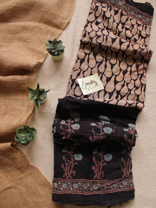 Black Handblock Printed Natural Dyed Ajrakh Mul Cotton Saree - Eternity by Sakshi