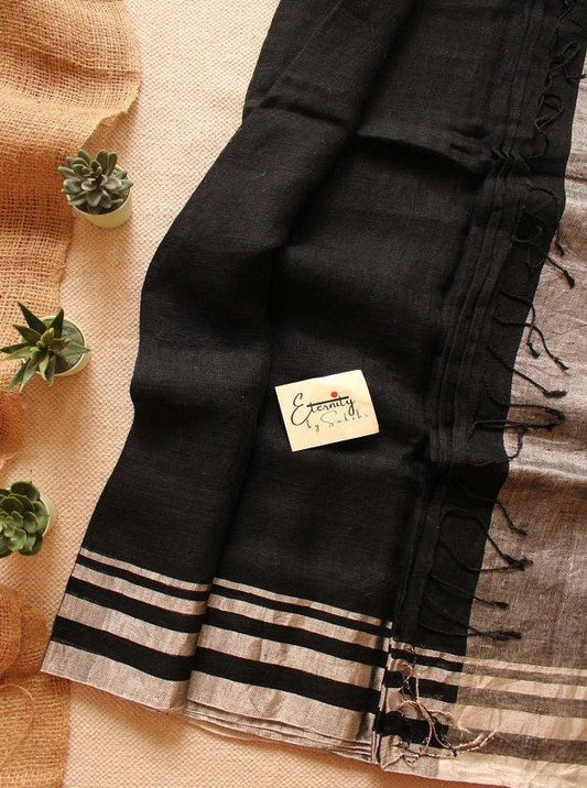 Black Linen Saree + Cream Chequered Ready to Wear Blouse Combo - Eternity by Sakshi