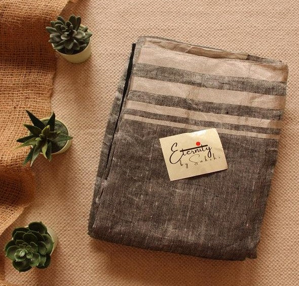 Black Linen Saree + Cream Chequered Ready to Wear Blouse Combo - Eternity by Sakshi