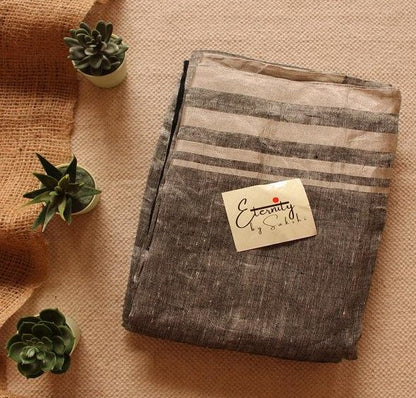 Black Linen Saree + Cream Chequered Ready to Wear Blouse Combo - Eternity by Sakshi