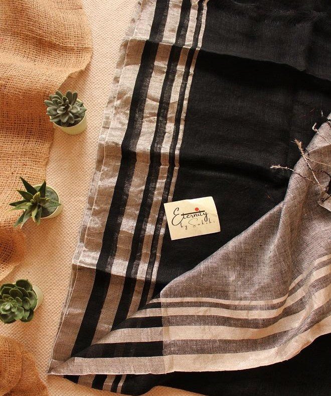 Black Linen Saree + Cream Chequered Ready to Wear Blouse Combo - Eternity by Sakshi