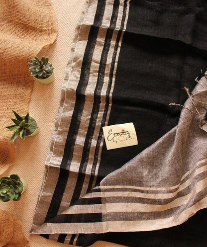 Black Linen Saree + Cream Chequered Ready to Wear Blouse Combo - Eternity by Sakshi