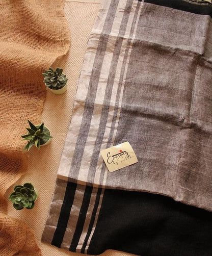 Black Linen Saree + Cream Chequered Ready to Wear Blouse Combo - Eternity by Sakshi