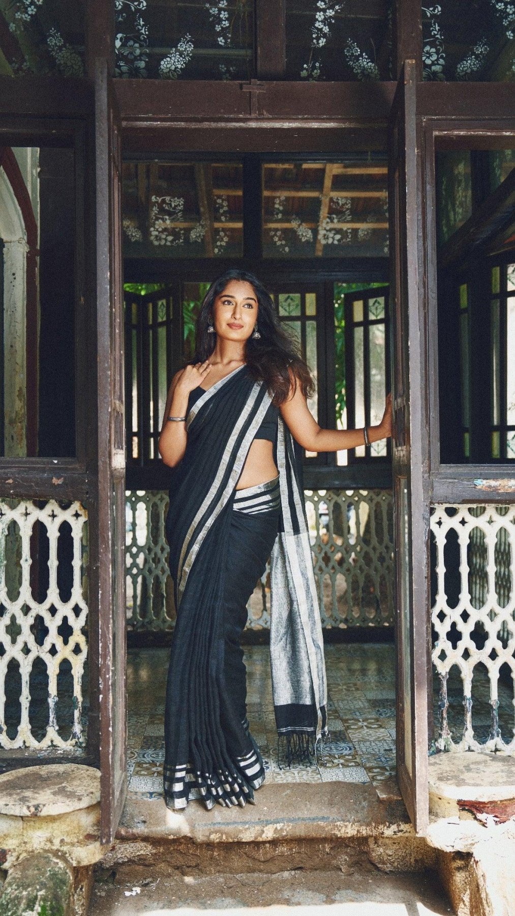 Black Linen Saree - Eternity by Sakshi