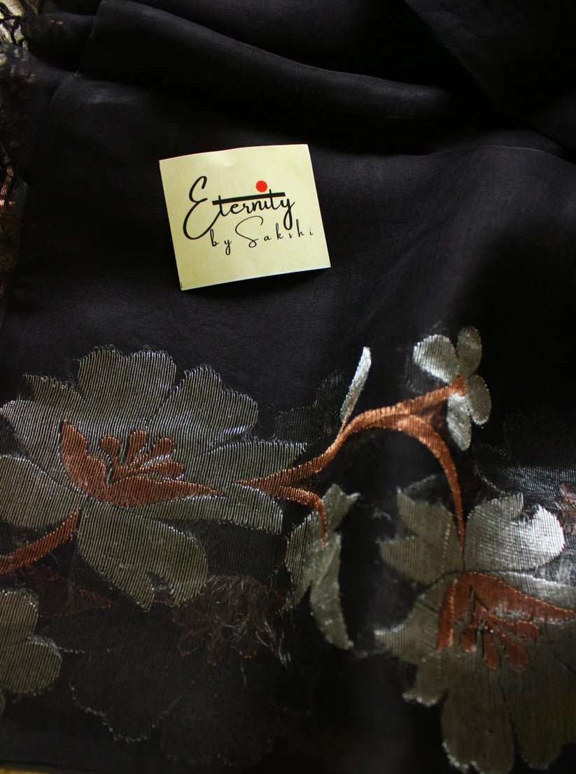 Black Muslin Silk Saree + Silver Noorie Blouse Combo - Eternity by Sakshi