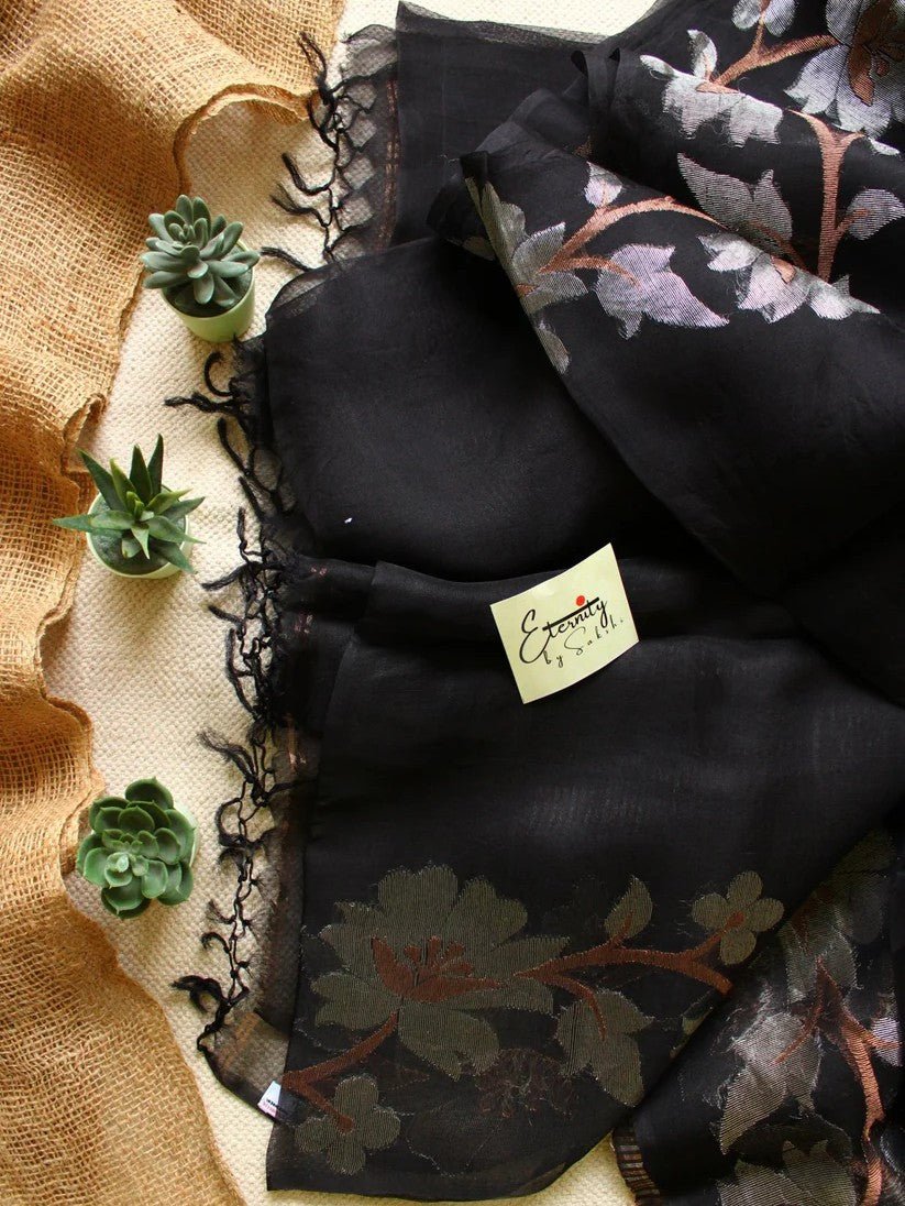 Black Muslin Silk Saree + Silver Noorie Blouse Combo - Eternity by Sakshi