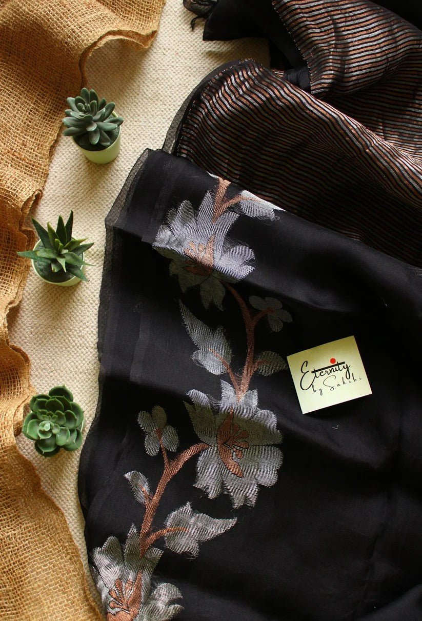 Black Muslin Silk Saree + Silver Noorie Blouse Combo - Eternity by Sakshi