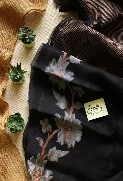 Black Muslin Silk Saree + Silver Noorie Blouse Combo - Eternity by Sakshi