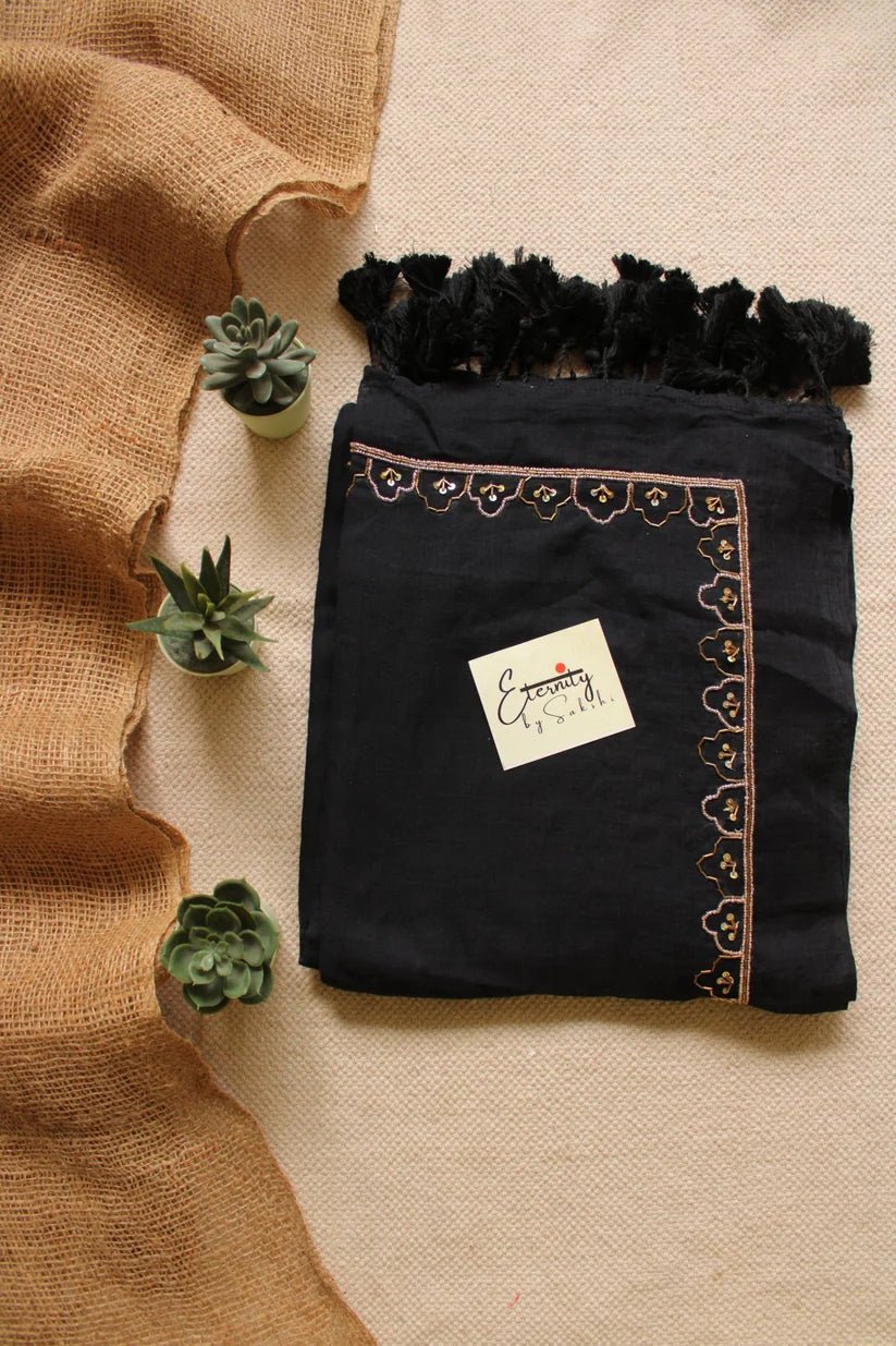 Black Noor Saree + Black Brocade Elastic Noorie Blouse Combo - Eternity by Sakshi