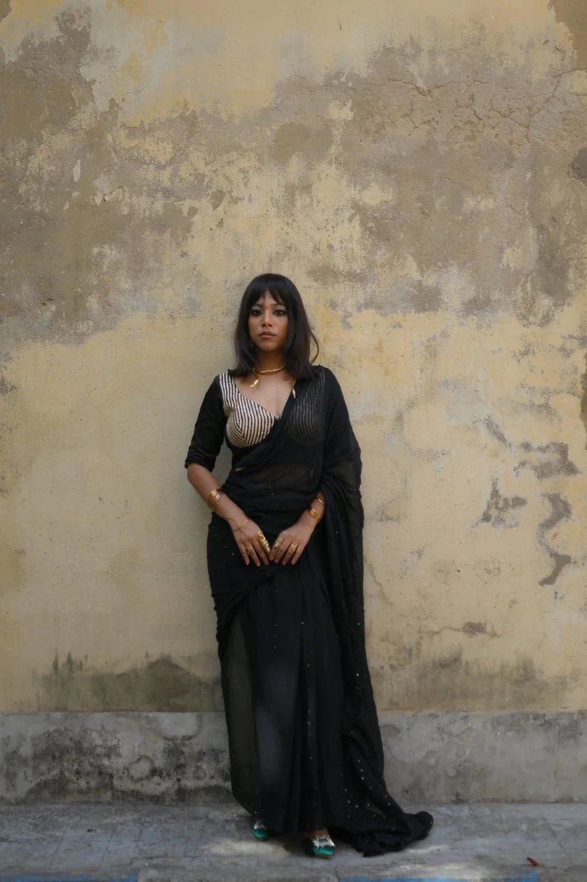Black Tara Saree + Black Brocade Elastic Noorie Blouse Combo - Eternity by Sakshi
