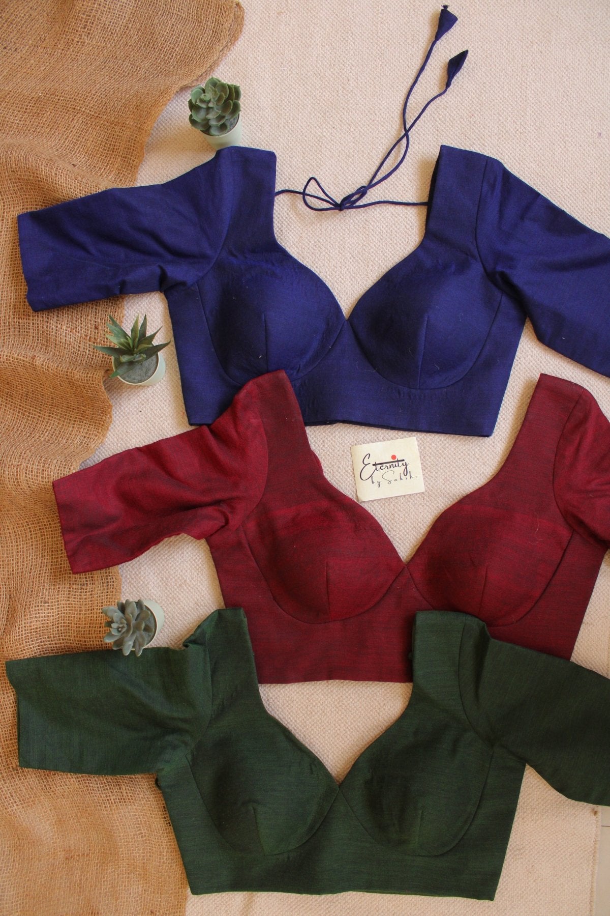 Blue + Maroon + Green (Madhubala Sleeves) (Combo Blouse) - Eternity by Sakshi