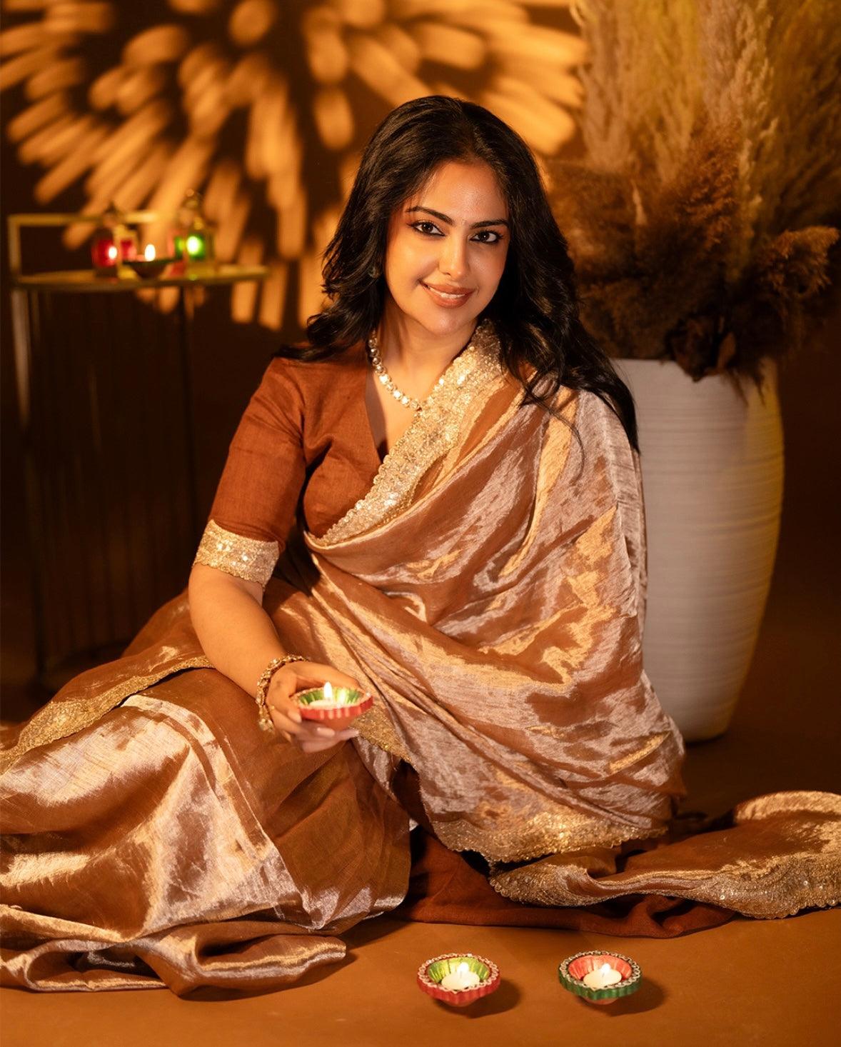 Cinnamon Metallic Linen Saree - Eternity by Sakshi