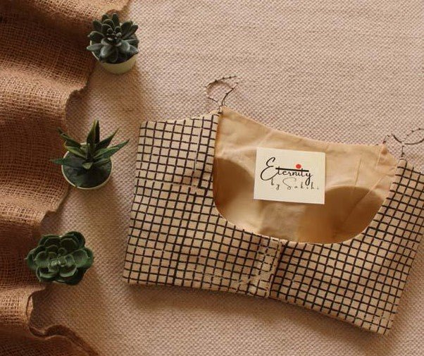 Black Linen Saree + Cream Chequered Ready to Wear Blouse Combo - Eternity by Sakshi