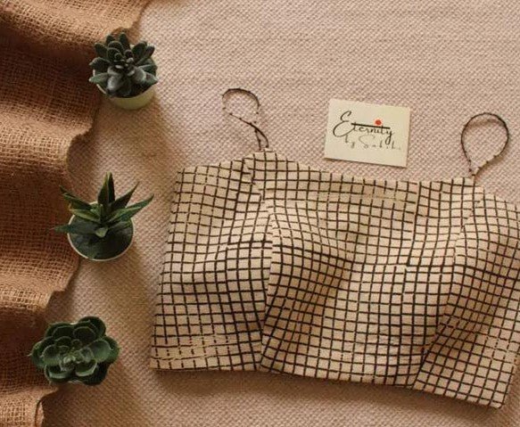 Black Linen Saree + Cream Chequered Ready to Wear Blouse Combo - Eternity by Sakshi