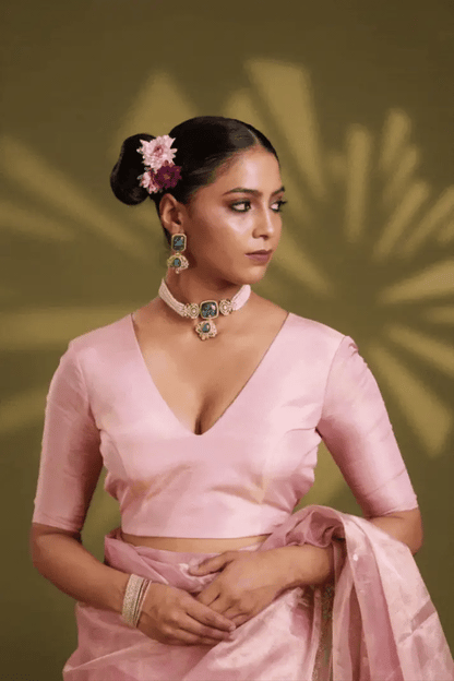 Pastel Whisper Tissue Saree - Onam + Light Pink Tissue Elastic Blouse Combo - Eternity by Sakshi