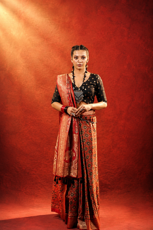 Rajvanshi Ajrakh Dola Silk Saree